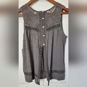 Lucky Brand Lace Trim Gray Crochet Open Back Romantic Tank Size Medium